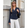 ZESICA Women’s Bell Long Sleeve Wrap Top Elegant Business Casual Outfits | 2026 Trendy Fall Fashion Clothes, Asymmetrical V Neck Shirts, Slim Fit Ruched Top, Metal Buckle, Work Office Dressy Blouse(Navy)