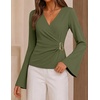 ZESICA Women’s Bell Long Sleeve Wrap Top Elegant Business Casual Outfits | 2026 Trendy Fall Fashion Clothes, Asymmetrical V Neck Shirts, Slim Fit Ruched Top, Metal Buckle, Work Office Dressy Blouse(Armygreen)