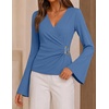 ZESICA Women’s Bell Long Sleeve Wrap Top Elegant Business Casual Outfits | 2026 Trendy Fall Fashion Clothes, Asymmetrical V Neck Shirts, Slim Fit Ruched Top, Metal Buckle, Work Office Dressy Blouse(Dustyblue)