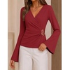 ZESICA Women’s Bell Long Sleeve Wrap Top Elegant Business Casual Outfits | 2026 Trendy Fall Fashion Clothes, Asymmetrical V Neck Shirts, Slim Fit Ruched Top, Metal Buckle, Work Office Dressy Blouse(Red)