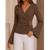 ZESICA Women’s Bell Long Sleeve Wrap Top Elegant Business Casual Outfits | 2026 Trendy Fall Fashion Clothes, Asymmetrical V Neck Shirts, Slim Fit Ruched Top, Metal Buckle, Work Office Dressy Blouse(Brown)
