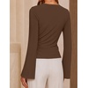ZESICA Women’s Bell Long Sleeve Wrap Top Elegant Business Casual Outfits | 2026 Trendy Fall Fashion Clothes, Asymmetrical V Neck Shirts, Slim Fit Ruched Top, Metal Buckle, Work Office Dressy Blouse(Brown)