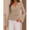 ZESICA Women’s Bell Long Sleeve Wrap Top Elegant Business Casual Outfits | 2026 Trendy Fall Fashion Clothes, Asymmetrical V Neck Shirts, Slim Fit Ruched Top, Metal Buckle, Work Office Dressy Blouse(Lightcamel)