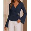 ZESICA Women’s Bell Long Sleeve Wrap Top Elegant Business Casual Outfits | 2026 Trendy Fall Fashion Clothes, Asymmetrical V Neck Shirts, Slim Fit Ruched Top, Metal Buckle, Work Office Dressy Blouse(Navy)