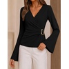ZESICA Women’s Bell Long Sleeve Wrap Top Elegant Business Casual Outfits | 2026 Trendy Fall Fashion Clothes, Asymmetrical V Neck Shirts, Slim Fit Ruched Top, Metal Buckle, Work Office Dressy Blouse(Black)