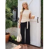 ZESICA Women’s Summer 2 Piece Sets Casual Work Office Pant Outfits | Short Sleeve Knit Belted Tops and Wide Leg Pants, Daily Vacation Matching Set, Business Pantsuits, Fashion Clothes(Sand)