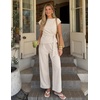 ZESICA Women’s Summer 2 Piece Sets Casual Work Office Pant Outfits | Short Sleeve Knit Belted Tops and Wide Leg Pants, Daily Vacation Matching Set, Business Pantsuits, Fashion Clothes(Greyapricot)
