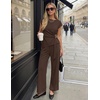 ZESICA Women’s Summer 2 Piece Sets Casual Work Office Pant Outfits | Short Sleeve Knit Belted Tops and Wide Leg Pants, Daily Vacation Matching Set, Business Pantsuits, Fashion Clothes(Brown)