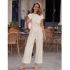 ZESICA Women’s Summer 2 Piece Sets Casual Work Office Pant Outfits | Short Sleeve Knit Belted Tops and Wide Leg Pants, Daily Vacation Matching Set, Business Pantsuits, Fashion Clothes(Greyapricot)