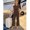 ZESICA Women’s Summer 2 Piece Sets Casual Work Office Pant Outfits | Short Sleeve Knit Belted Tops and Wide Leg Pants, Daily Vacation Matching Set, Business Pantsuits, Fashion Clothes(Brown)
