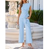 ZESICA Women’s Summer 2 Piece Sets Casual Work Office Pant Outfits | Short Sleeve Knit Belted Tops and Wide Leg Pants, Daily Vacation Matching Set, Business Pantsuits, Fashion Clothes(Blue)
