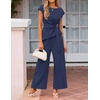 ZESICA Women’s Summer 2 Piece Sets Casual Work Office Pant Outfits | Short Sleeve Knit Belted Tops and Wide Leg Pants, Daily Vacation Matching Set, Business Pantsuits, Fashion Clothes(Navy)