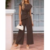 ZESICA Women’s Summer 2 Piece Sets Casual Work Office Pant Outfits | Short Sleeve Knit Belted Tops and Wide Leg Pants, Daily Vacation Matching Set, Business Pantsuits, Fashion Clothes(Brown)