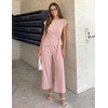 ZESICA Women’s Summer 2 Piece Sets Casual Work Office Pant Outfits | Short Sleeve Knit Belted Tops and Wide Leg Pants, Daily Vacation Matching Set, Business Pantsuits, Fashion Clothes(Dustypink)