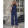 ZESICA Women’s Summer 2 Piece Sets Casual Work Office Pant Outfits | Short Sleeve Knit Belted Tops and Wide Leg Pants, Daily Vacation Matching Set, Business Pantsuits, Fashion Clothes(Navy)