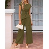 ZESICA Women’s Summer 2 Piece Sets Casual Work Office Pant Outfits | Short Sleeve Knit Belted Tops and Wide Leg Pants, Daily Vacation Matching Set, Business Pantsuits, Fashion Clothes(Armygreen)