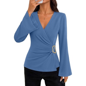 ZESICA Women’s Bell Long Sleeve Wrap Top Elegant Business Casual Outfits | 2026 Trendy Fall Fashion Clothes, Asymmetrical V Neck Shirts, Slim Fit Ruched Top, Metal Buckle, Work Office Dressy Blouse(Dustyblue)