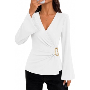ZESICA Women’s Bell Long Sleeve Wrap Top Elegant Business Casual Outfits | 2026 Trendy Fall Fashion Clothes, Asymmetrical V Neck Shirts, Slim Fit Ruched Top, Metal Buckle, Work Office Dressy Blouse(White)