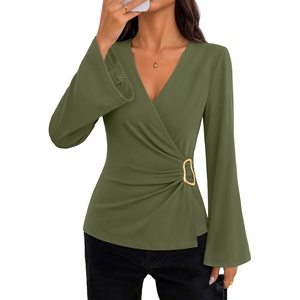 ZESICA Women’s Bell Long Sleeve Wrap Top Elegant Business Casual Outfits | 2026 Trendy Fall Fashion Clothes, Asymmetrical V Neck Shirts, Slim Fit Ruched Top, Metal Buckle, Work Office Dressy Blouse(Armygreen)