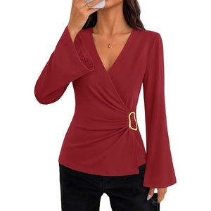 ZESICA Women’s Bell Long Sleeve Wrap Top Elegant Business Casual Outfits | 2026 Trendy Fall Fashion Clothes, Asymmetrical V Neck Shirts, Slim Fit Ruched Top, Metal Buckle, Work Office Dressy Blouse(Red)