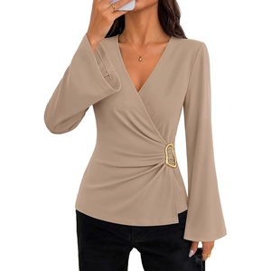 ZESICA Women’s Bell Long Sleeve Wrap Top Elegant Business Casual Outfits | 2026 Trendy Fall Fashion Clothes, Asymmetrical V Neck Shirts, Slim Fit Ruched Top, Metal Buckle, Work Office Dressy Blouse(Lightcamel)