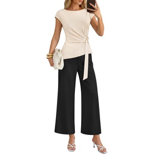 ZESICA Women’s Summer 2 Piece Sets Casual Work Office Pant Outfits | Short Sleeve Knit Belted Tops and Wide Leg Pants, Daily Vacation Matching Set, Business Pantsuits, Fashion Clothes(Apricot)