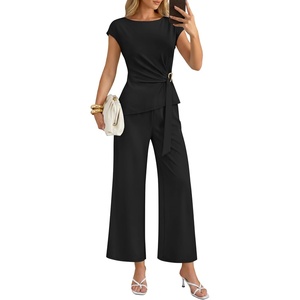 ZESICA Women’s Summer 2 Piece Sets Casual Work Office Pant Outfits | Short Sleeve Knit Belted Tops and Wide Leg Pants, Daily Vacation Matching Set, Business Pantsuits, Fashion Clothes(Black)