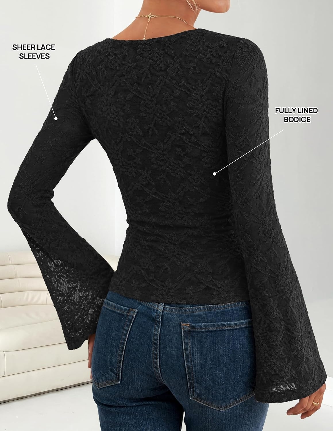 image:imageZESICA Womens Floral Lace Long Sleeve Boat Neck Going Out Tops Bell Sleeve Slim Fit Ruched Waist Blouses Business Casual Date Night Y2K Outfits Fall Winter Layering ClothingBlack