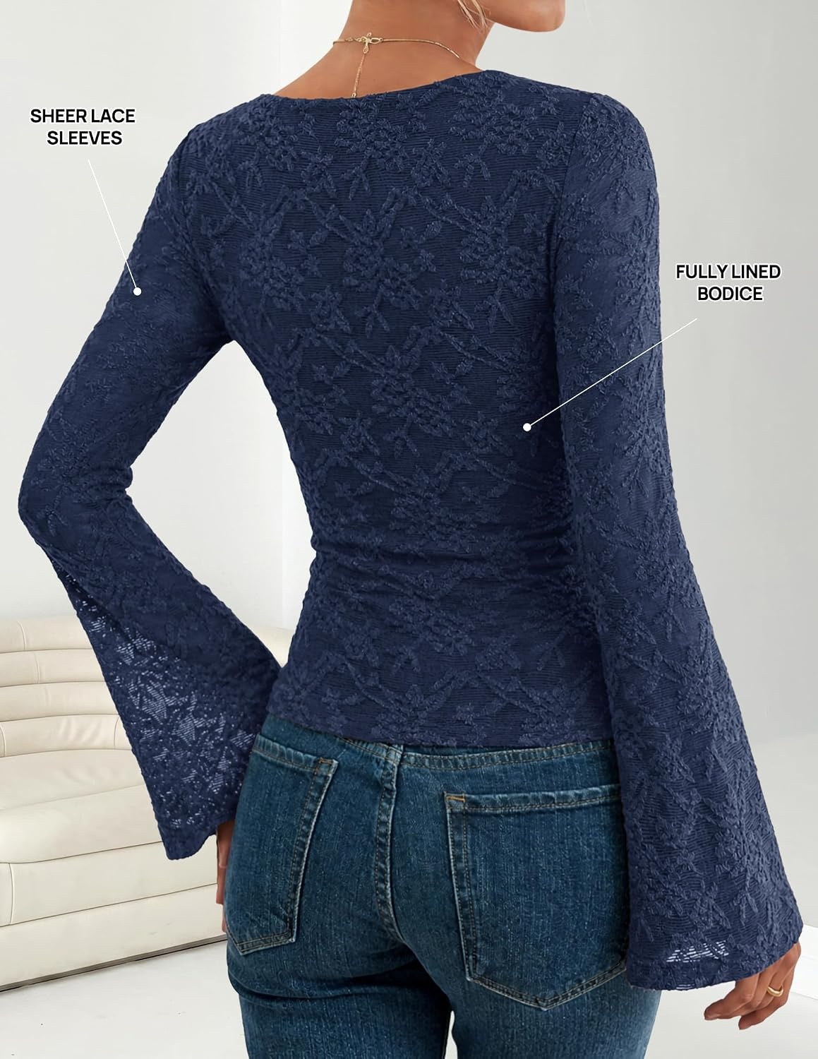 image:imageZESICA Womens Floral Lace Long Sleeve Boat Neck Going Out Tops Bell Sleeve Slim Fit Ruched Waist Blouses Business Casual Date Night Y2K Outfits Fall Winter Layering ClothingNavy