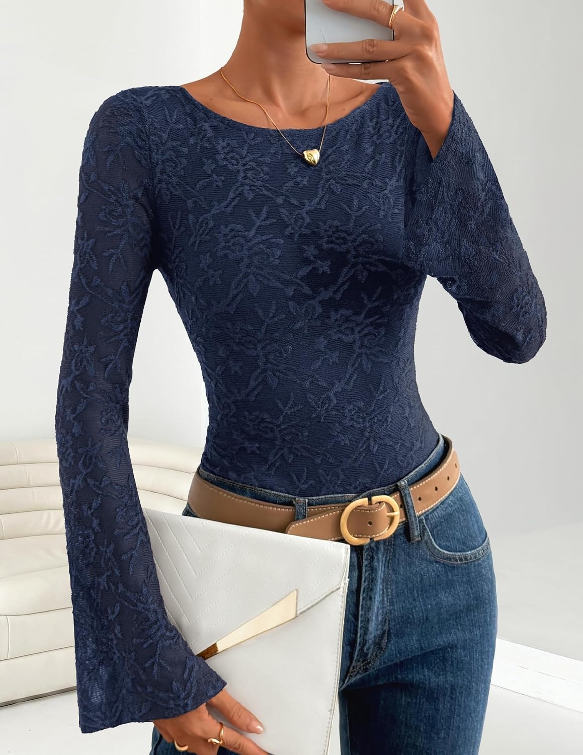 image:imageZESICA Womens Floral Lace Long Sleeve Boat Neck Going Out Tops Bell Sleeve Slim Fit Ruched Waist Blouses Business Casual Date Night Y2K Outfits Fall Winter Layering ClothingNavy