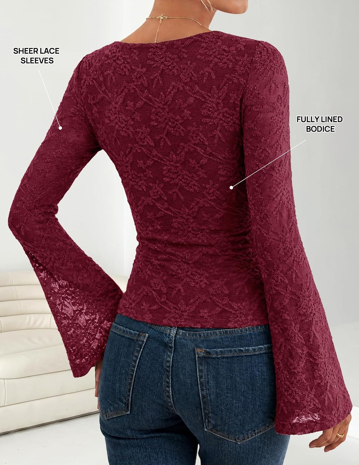 image:imageZESICA Womens Floral Lace Long Sleeve Boat Neck Going Out Tops Bell Sleeve Slim Fit Ruched Waist Blouses Business Casual Date Night Y2K Outfits Fall Winter Layering ClothingWine