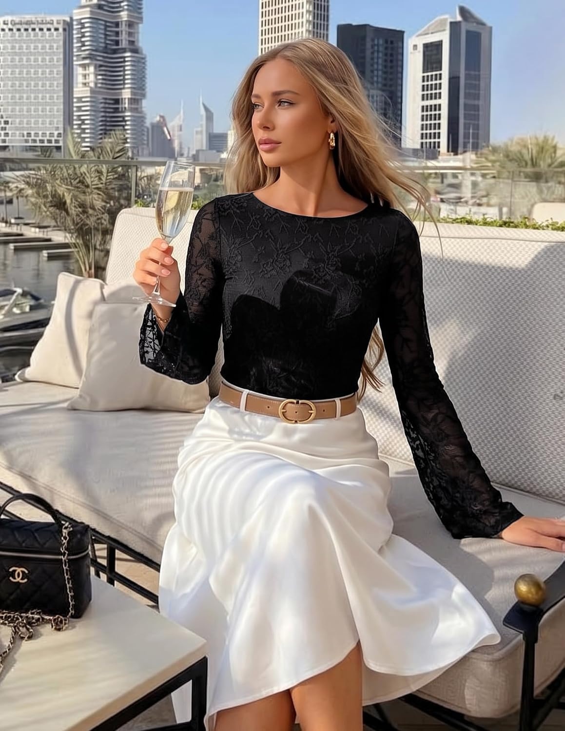 image:imageZESICA Womens Floral Lace Long Sleeve Boat Neck Going Out Tops Bell Sleeve Slim Fit Ruched Waist Blouses Business Casual Date Night Y2K Outfits Fall Winter Layering ClothingBlack