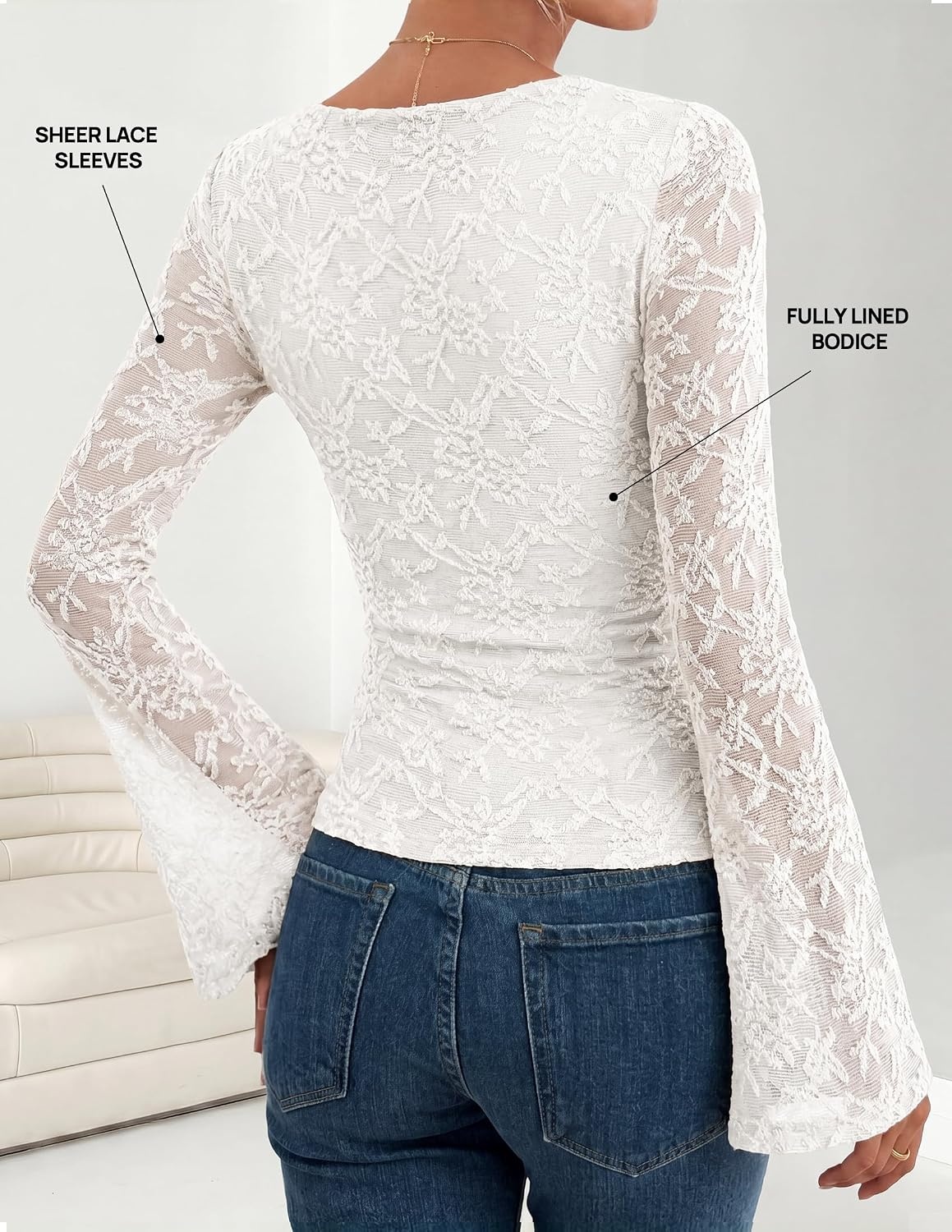 image:imageZESICA Womens Floral Lace Long Sleeve Boat Neck Going Out Tops Bell Sleeve Slim Fit Ruched Waist Blouses Business Casual Date Night Y2K Outfits Fall Winter Layering ClothingWhite