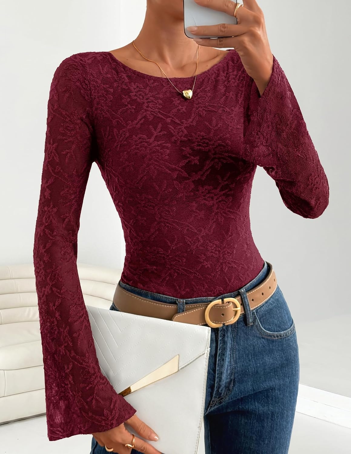 image:imageZESICA Womens Floral Lace Long Sleeve Boat Neck Going Out Tops Bell Sleeve Slim Fit Ruched Waist Blouses Business Casual Date Night Y2K Outfits Fall Winter Layering ClothingWine