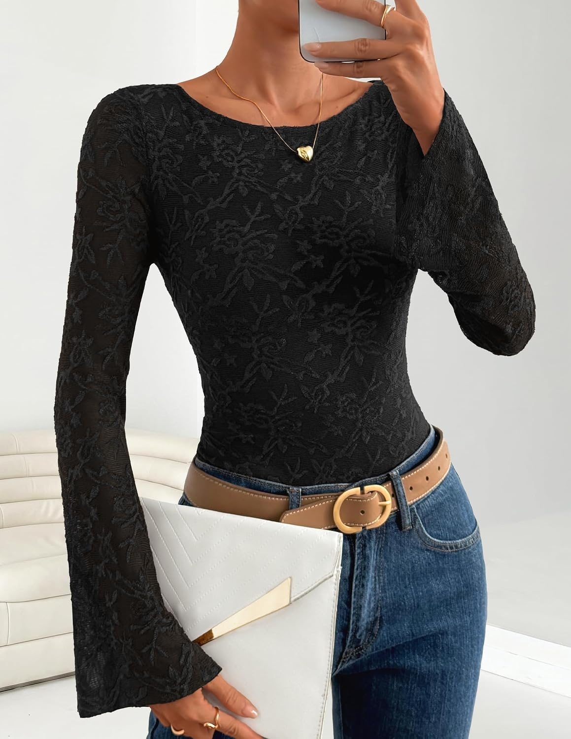 image:imageZESICA Womens Floral Lace Long Sleeve Boat Neck Going Out Tops Bell Sleeve Slim Fit Ruched Waist Blouses Business Casual Date Night Y2K Outfits Fall Winter Layering ClothingBlack