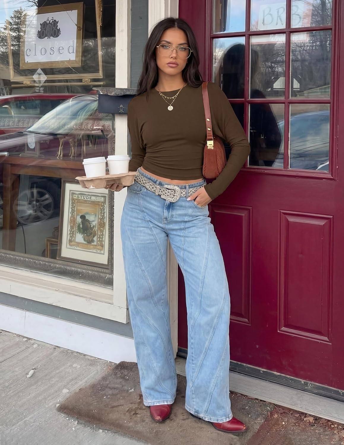 image:imageZESICA Womens Long Sleeve Cinched Waist Going Out Tops Ruched Waist Crewneck Batwing Stretchy Chic Crop Top 2026 Fall Fashion Trendy Blouse Y2K Date Night Business CasualBrown