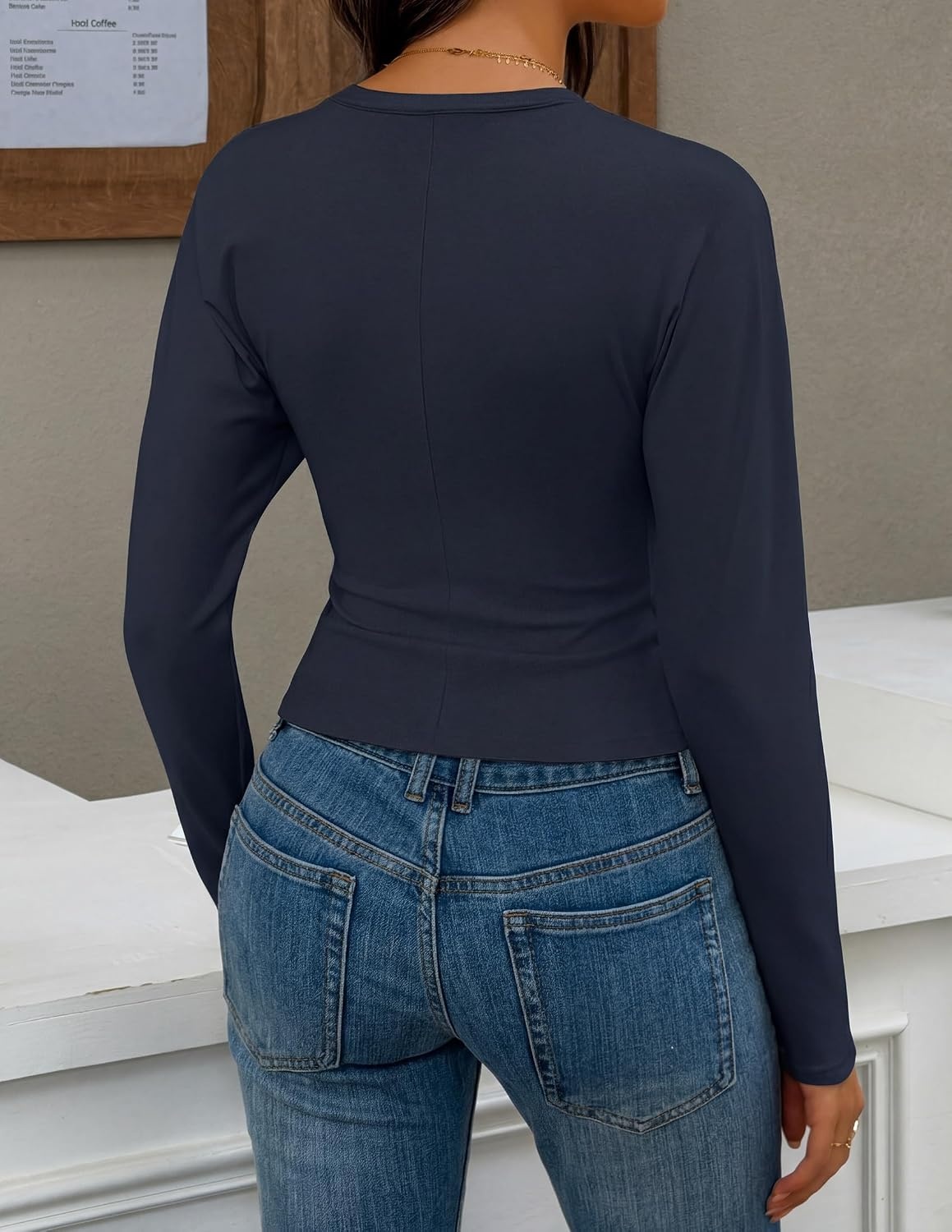 image:imageZESICA Womens Long Sleeve Cinched Waist Going Out Tops Ruched Waist Crewneck Batwing Stretchy Chic Crop Top 2026 Fall Fashion Trendy Blouse Y2K Date Night Business CasualNavy
