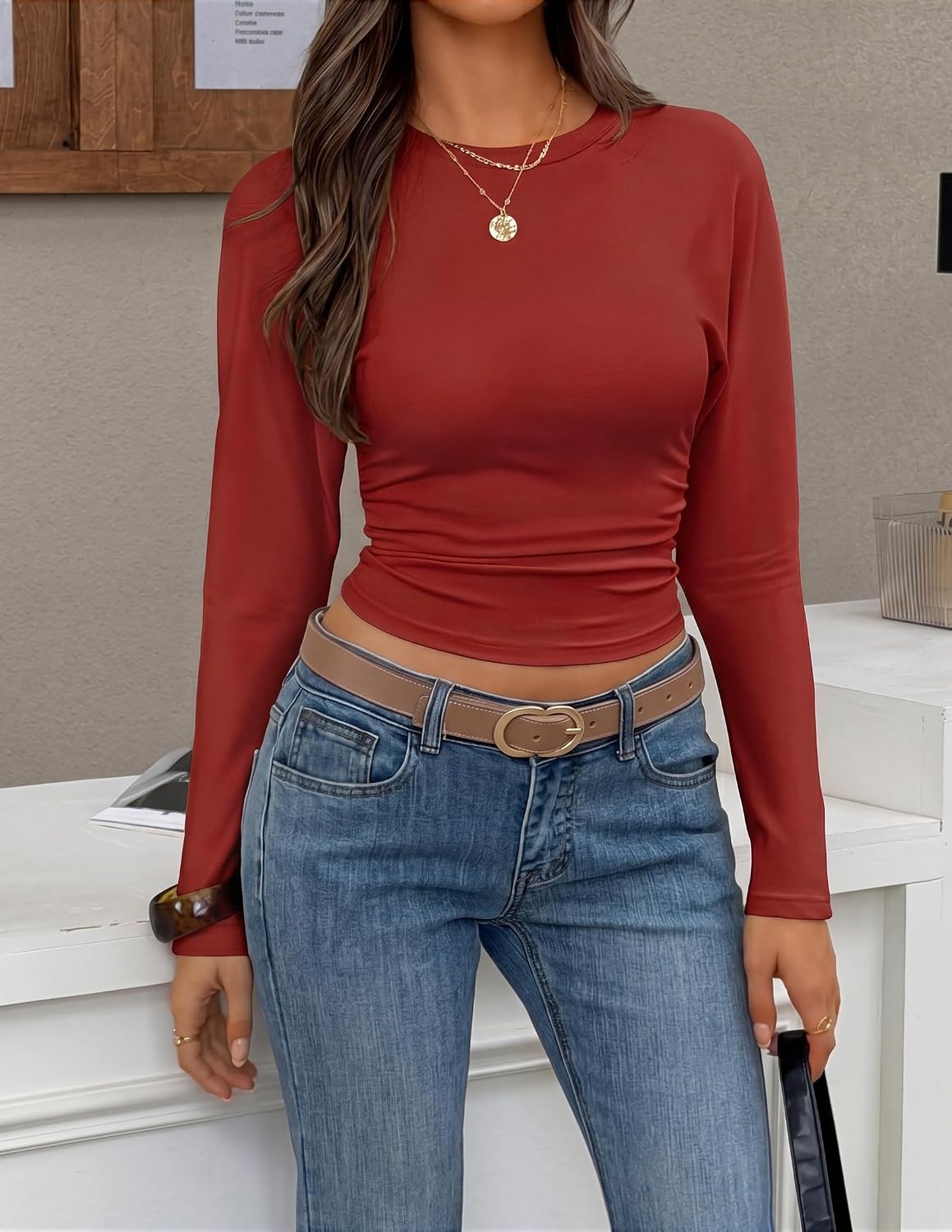 image:imageZESICA Womens Long Sleeve Cinched Waist Going Out Tops Ruched Waist Crewneck Batwing Stretchy Chic Crop Top 2026 Fall Fashion Trendy Blouse Y2K Date Night Business CasualDarkred