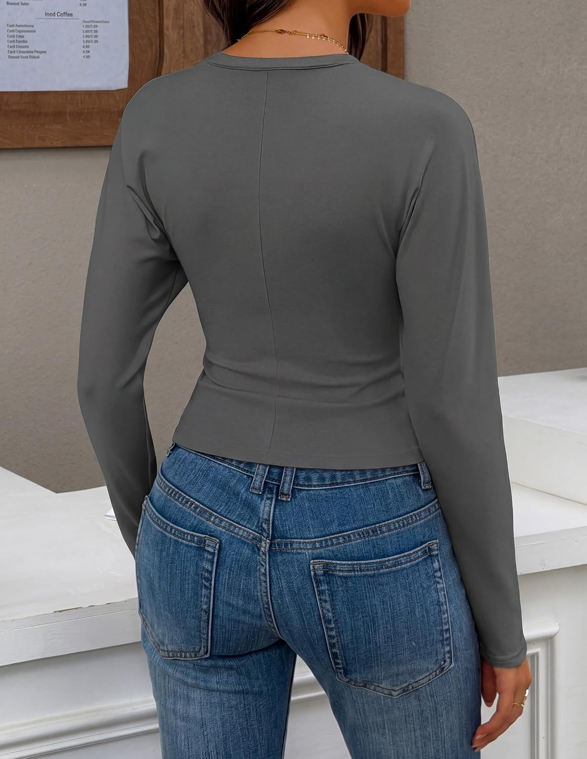image:imageZESICA Womens Long Sleeve Cinched Waist Going Out Tops Ruched Waist Crewneck Batwing Stretchy Chic Crop Top 2026 Fall Fashion Trendy Blouse Y2K Date Night Business CasualDarkgrey