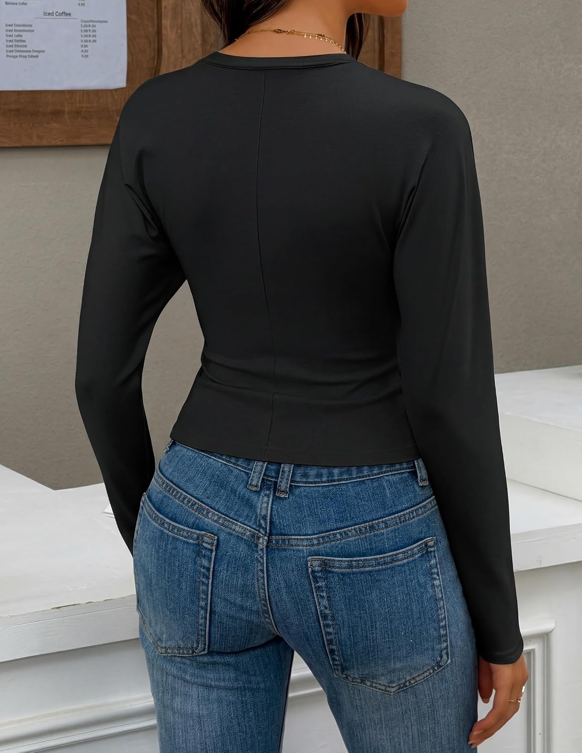 image:imageZESICA Womens Long Sleeve Cinched Waist Going Out Tops Ruched Waist Crewneck Batwing Stretchy Chic Crop Top 2026 Fall Fashion Trendy Blouse Y2K Date Night Business CasualBlack
