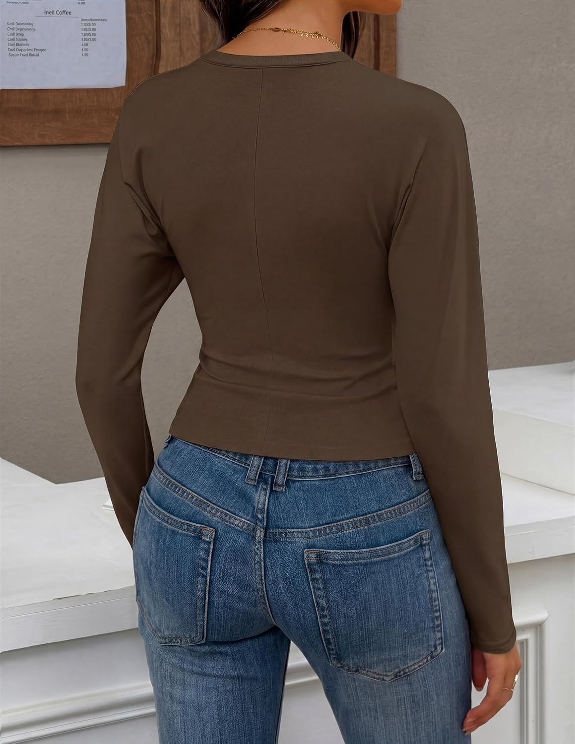 image:imageZESICA Womens Long Sleeve Cinched Waist Going Out Tops Ruched Waist Crewneck Batwing Stretchy Chic Crop Top 2026 Fall Fashion Trendy Blouse Y2K Date Night Business CasualBrown