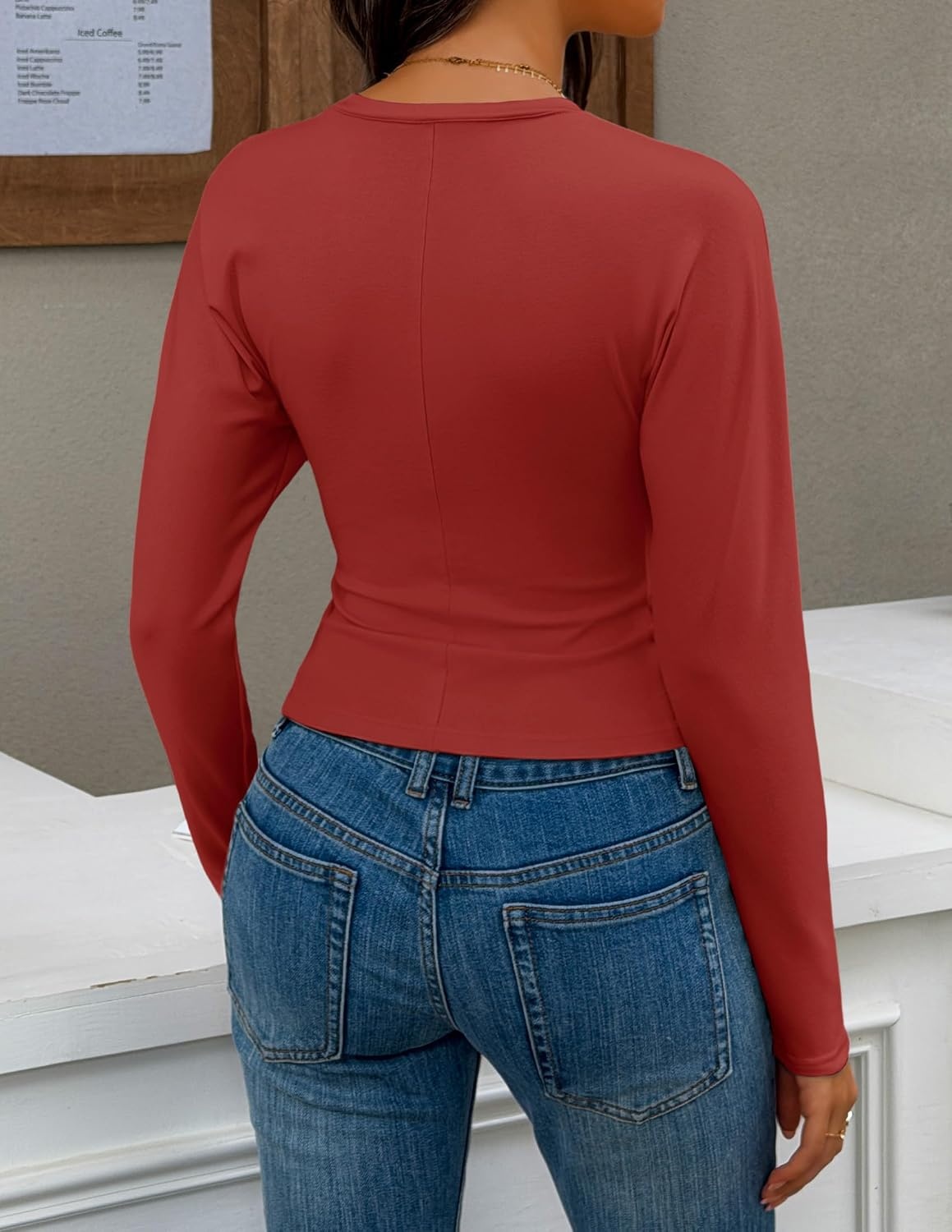 image:imageZESICA Womens Long Sleeve Cinched Waist Going Out Tops Ruched Waist Crewneck Batwing Stretchy Chic Crop Top 2026 Fall Fashion Trendy Blouse Y2K Date Night Business CasualDarkred