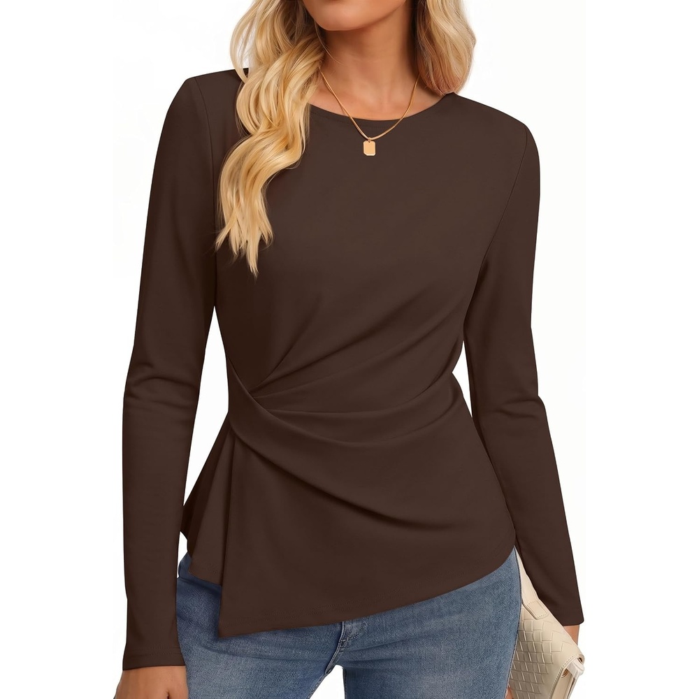 image:imageZESICA Womens Fall Long Sleeve Peplum Business Casual Tops Boat Neck Asymmetrical Tunic Blouse Comfy Soft Fabric Work Ofiice Outfits Fashion Trendy ClothesBrown
