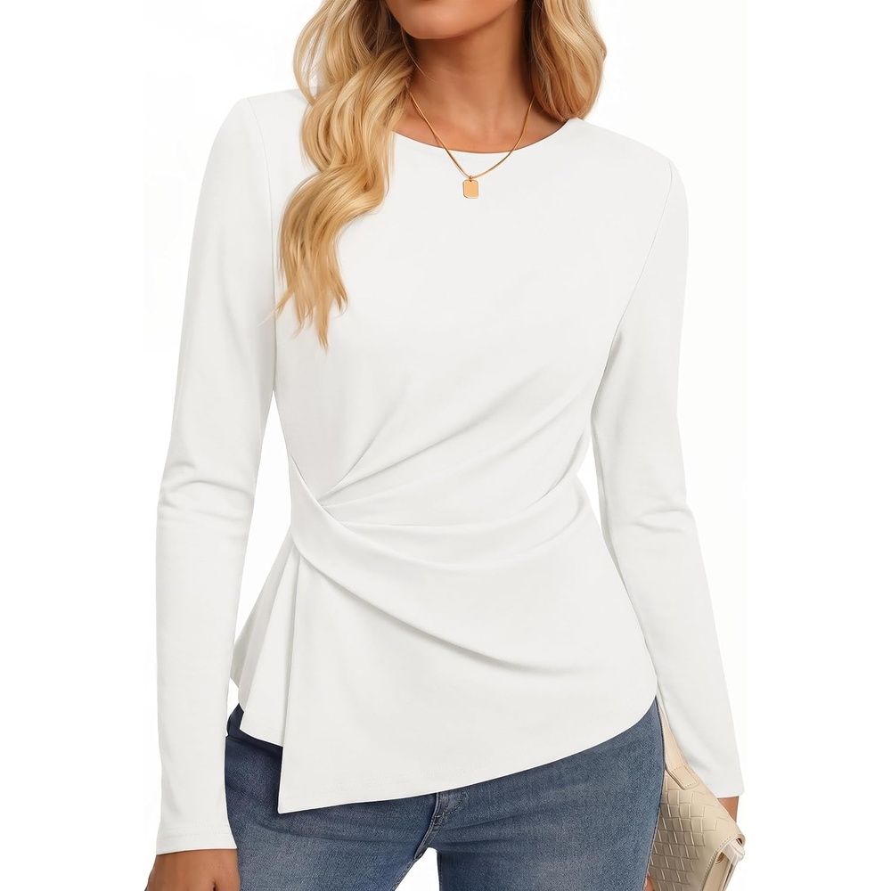 image:imageZESICA Womens Fall Long Sleeve Peplum Business Casual Tops Boat Neck Asymmetrical Tunic Blouse Comfy Soft Fabric Work Ofiice Outfits Fashion Trendy ClothesWhite