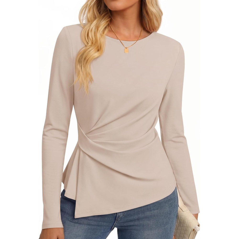 image:imageZESICA Womens Fall Long Sleeve Peplum Business Casual Tops Boat Neck Asymmetrical Tunic Blouse Comfy Soft Fabric Work Ofiice Outfits Fashion Trendy ClothesApricot