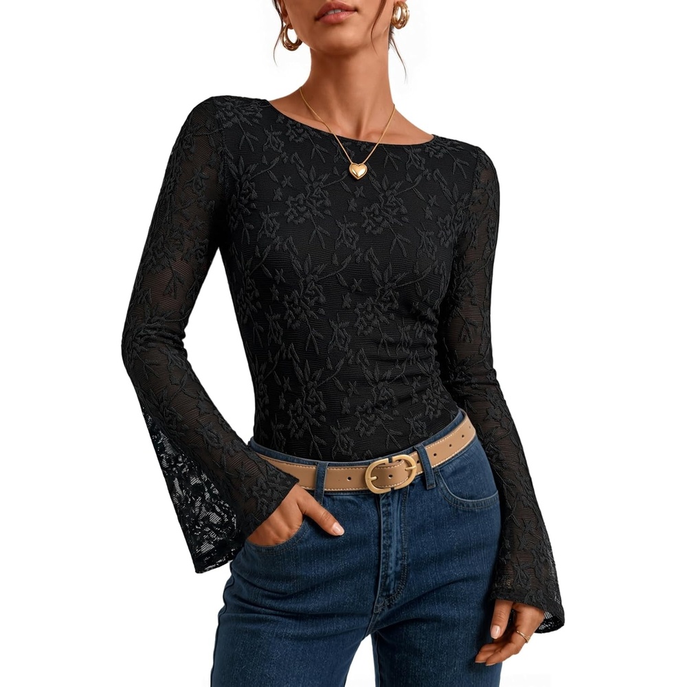 image:imageZESICA Womens Floral Lace Long Sleeve Boat Neck Going Out Tops  Bell Sleeve Slim Fit Ruched Waist Blouses Business Casual Date Night Y2K Outfits Fall Winter Layering ClothingBlack