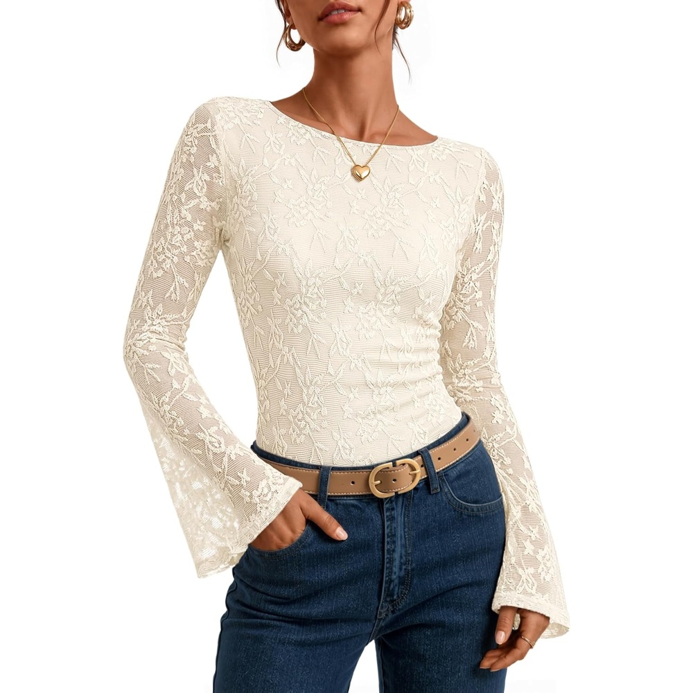 image:imageZESICA Womens Floral Lace Long Sleeve Boat Neck Going Out Tops Bell Sleeve Slim Fit Ruched Waist Blouses Business Casual Date Night Y2K Outfits Fall Winter Layering ClothingApricot