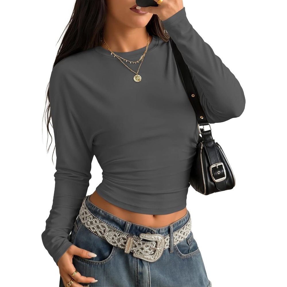 image:imageZESICA Womens Long Sleeve Cinched Waist Going Out Tops Ruched Waist Crewneck Batwing Stretchy Chic Crop Top 2026 Fall Fashion Trendy Blouse Y2K Date Night Business CasualDarkgrey
