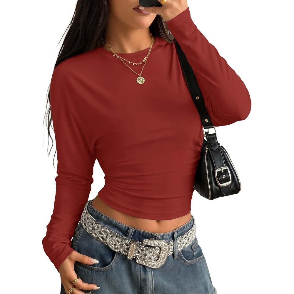 image:imageZESICA Womens Long Sleeve Cinched Waist Going Out Tops Ruched Waist Crewneck Batwing Stretchy Chic Crop Top 2026 Fall Fashion Trendy Blouse Y2K Date Night Business CasualDarkred
