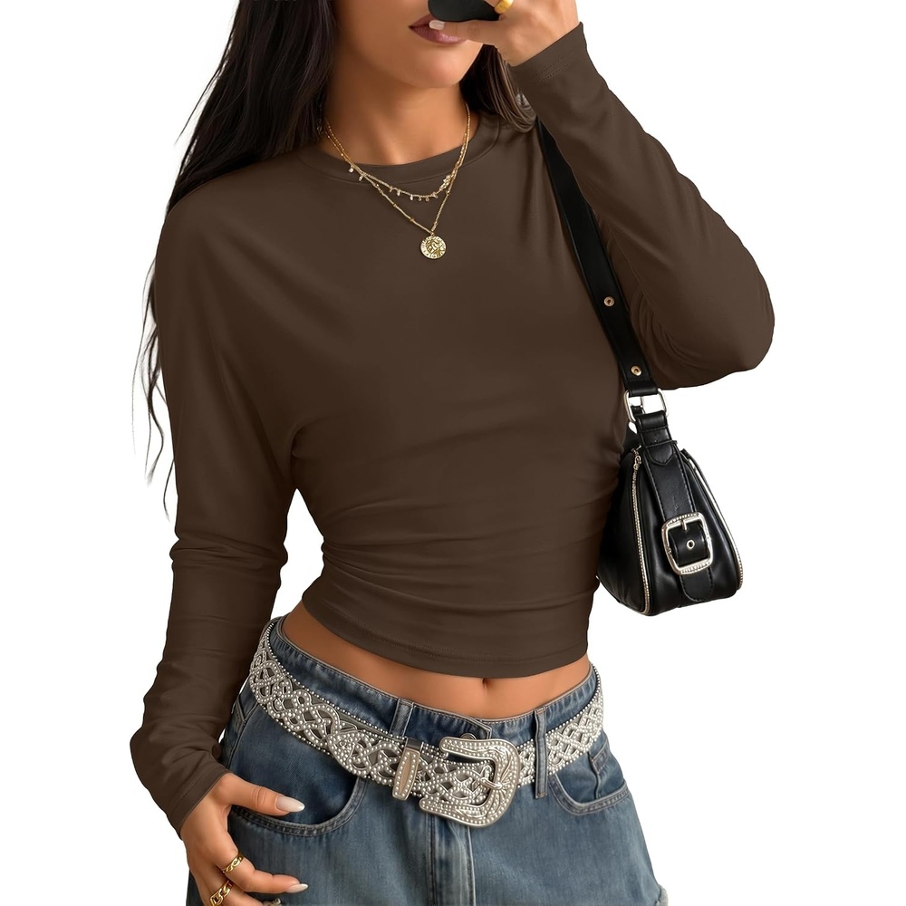 image:imageZESICA Womens Long Sleeve Cinched Waist Going Out Tops Ruched Waist Crewneck Batwing Stretchy Chic Crop Top 2026 Fall Fashion Trendy Blouse Y2K Date Night Business CasualBrown